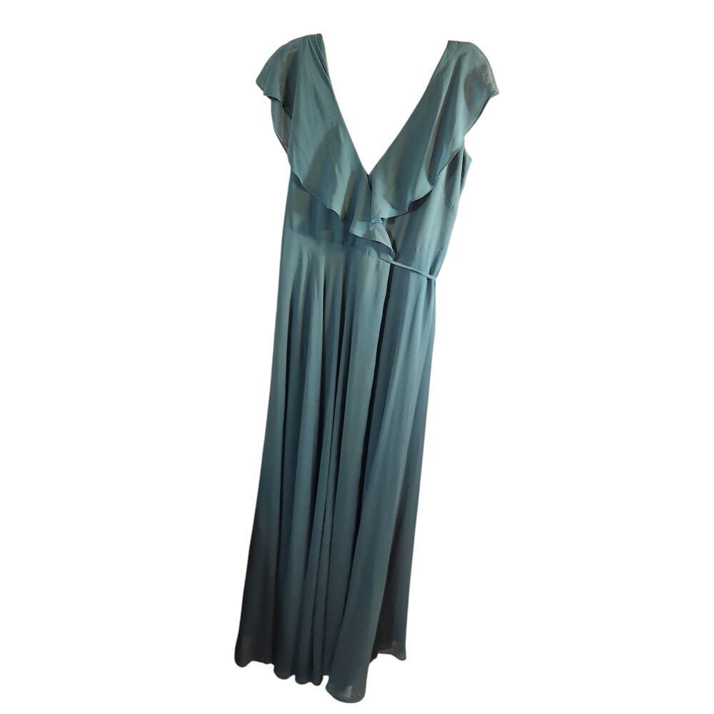 #Levkoff‎ chiffon ruffle v-neck wrap dress sz 16 evergreen maxi formal wedding